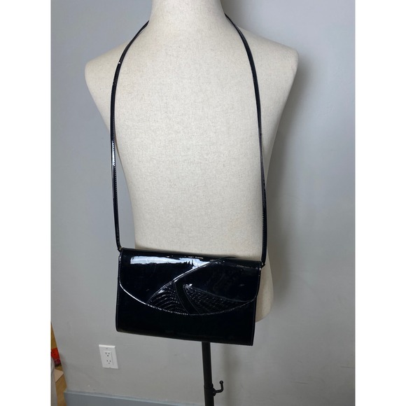 Jasmin Handbags - Jasmin Black Patent Leather Genuine Snakeskin Crossbody Bag Clutch Evening Purse